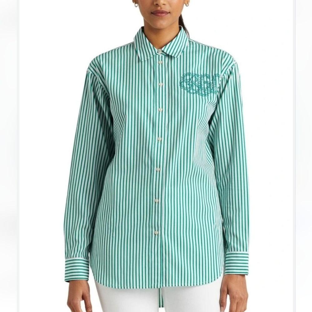 Lauren Ralph Lauren Plus Size Easy Care Striped Print Point Collar Shirt…